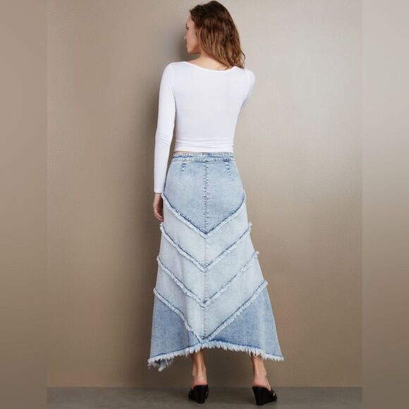 Wash Lab Denim Chevron Raw Hem Maxi Skirt - Size 29 / M - L - Picture 3 of 14